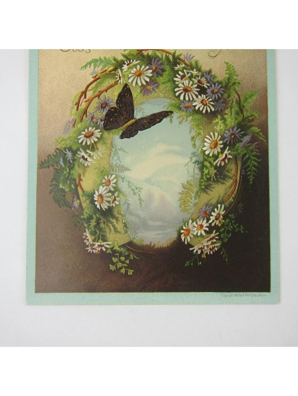Victorian Greeting Card Purple White Daisy Flowers Butterfly Birds Antique 1883